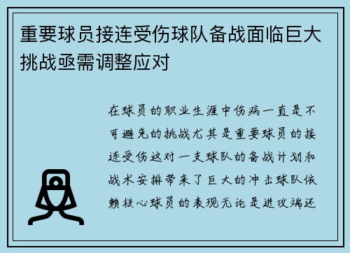 重要球员接连受伤球队备战面临巨大挑战亟需调整应对